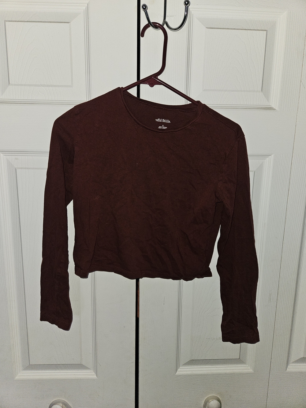 wild fable Cropped Long-Sleeve Crewneck Top - Burgundy